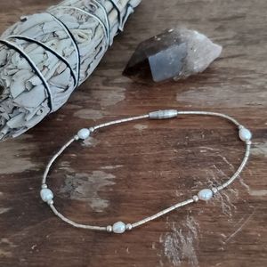 silver bead pearl boho metal chain bracelet